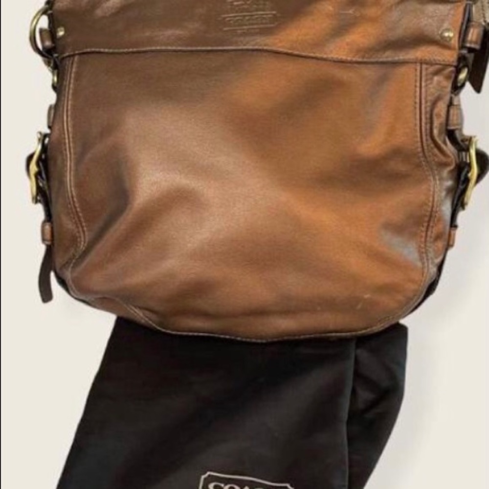 Coach Zoe, Large, Bronze Metallic Hobo Shoulder Bag with Gold-Tone Hardware.